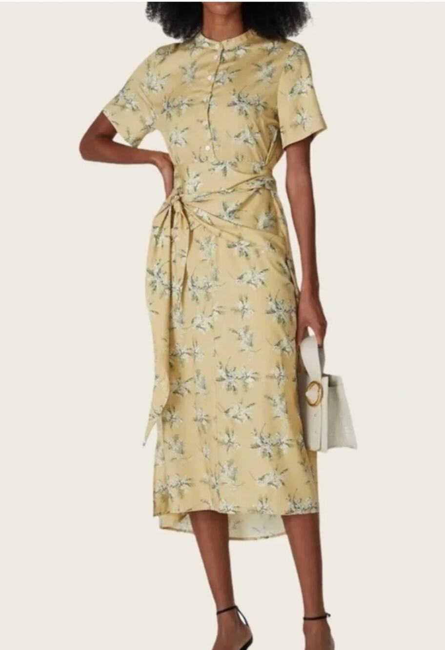 CAARA Lucca Yellow Floral Button Down Midi Dress Womens XS Belted Crepe Slits